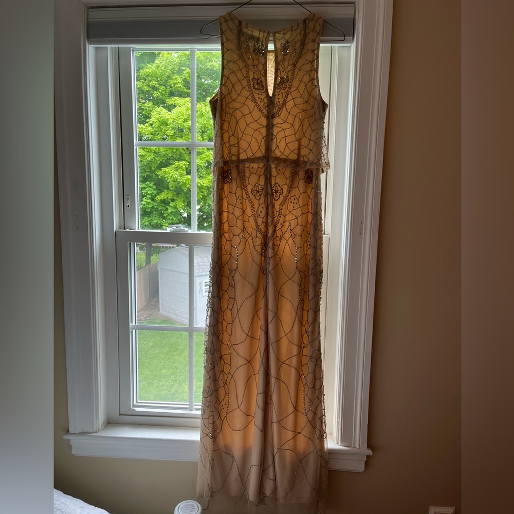 Aidan Mattox Size 6 tan beaded gown. Mother of the bride dress worn once!
